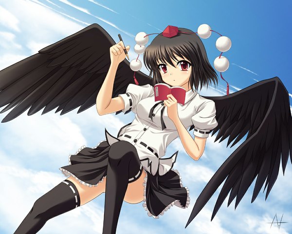 Anime picture 1000x800 with touhou shameimaru aya athrun1120 single looking at viewer short hair black hair red eyes cloud (clouds) legs girl thighhighs skirt black thighhighs miniskirt wings notebook