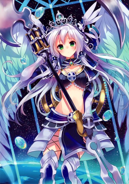 Anime picture 2131x3038 with mishima kurone single long hair tall image looking at viewer blush highres green eyes silver hair scan bare belly angel wings space girl gloves navel hair ornament weapon wings boots