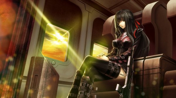 Anime picture 1920x1080 with original yanagi (suiryu2057) single long hair looking at viewer fringe highres black hair wide image sitting brown eyes sky cloud (clouds) braid (braids) nail polish tattoo evening sunset girl thighhighs