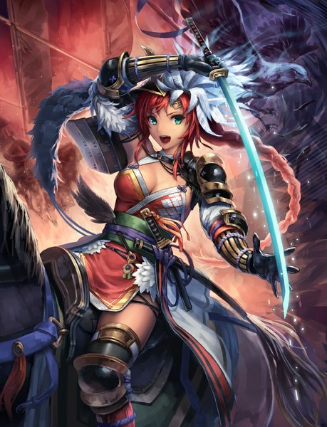 Anime picture 780x1020 with mismi single tall image fringe breasts open mouth holding looking away cleavage braid (braids) orange hair single braid glowing flying glow glowing weapon riding samurai girl gloves
