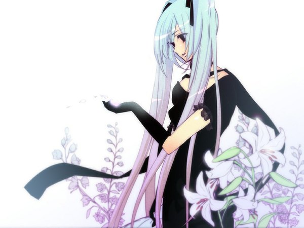 Anime picture 1024x768 with vocaloid hatsune miku single long hair simple background white background twintails black eyes aqua hair girl dress gloves flower (flowers) bow petals bouquet lily (flower)
