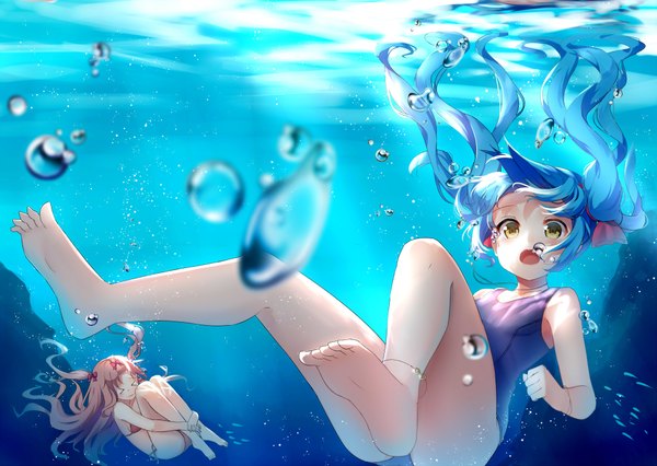 Anime picture 2000x1421 with original alexmaster long hair looking at viewer highres open mouth light erotic brown hair twintails multiple girls yellow eyes blue hair barefoot underwater leg hug > < diving girl 2 girls swimsuit