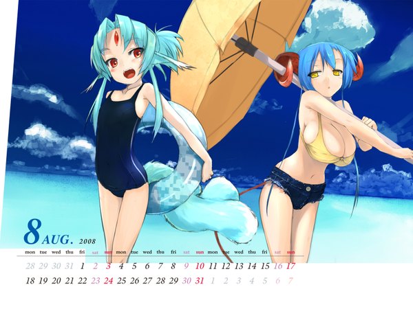 Anime picture 1600x1200 with final fantasy square enix carbuncle (final fantasy) pen (artist) blush highres breasts light erotic yellow eyes blue hair horn (horns) beach huge breasts flat chest demon personification 2008 calendar 2008 swimsuit bikini