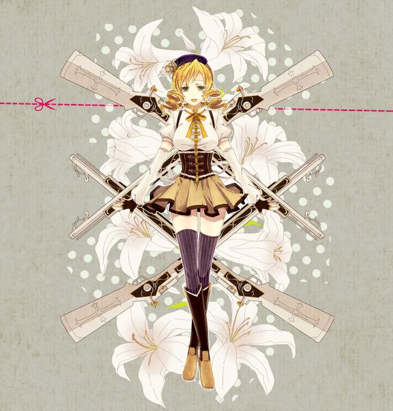 Anime picture 1800x1881 with mahou shoujo madoka magica shaft (studio) tomoe mami washi (micino) single tall image highres short hair open mouth simple background blonde hair twintails yellow eyes grey background drill hair short twintails girl thighhighs flower (flowers) weapon