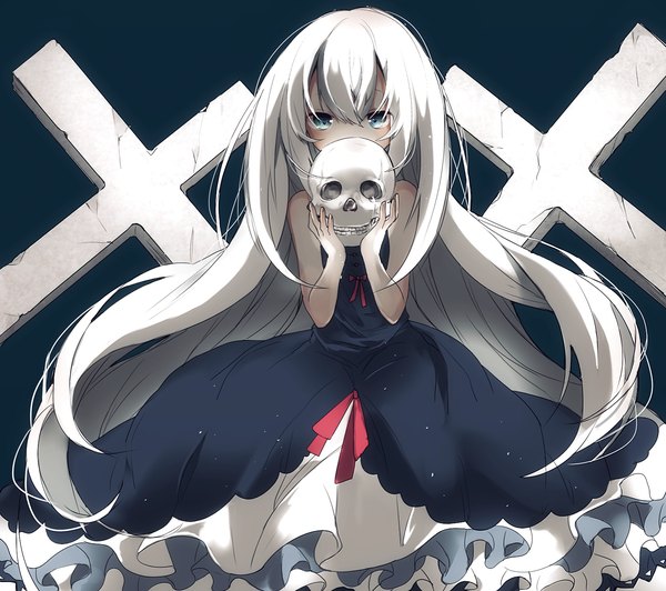 Anime picture 1499x1330 with original fuyusuke single looking at viewer fringe blue eyes simple background hair between eyes sitting bare shoulders silver hair very long hair black background covered mouth girl dress cross skull