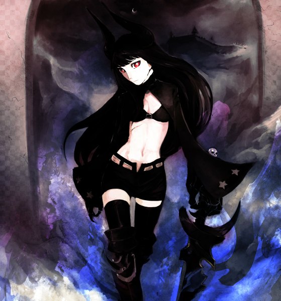 Anime picture 1118x1200 with black rock shooter black gold saw tsu-reku single long hair tall image fringe black hair red eyes horn (horns) girl thighhighs navel weapon black thighhighs shorts thigh boots cloak bikini top skull