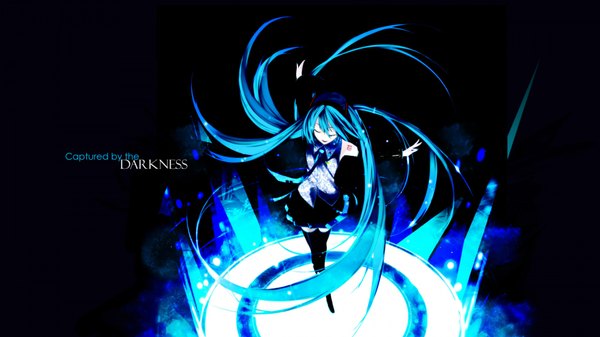 Anime picture 1920x1080 with vocaloid hatsune miku senmu single long hair highres open mouth smile wide image blue hair eyes closed very long hair darkness girl thighhighs dress skirt black thighhighs miniskirt necktie