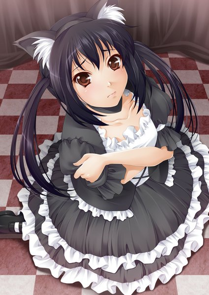Anime picture 806x1139 with k-on! kyoto animation nakano azusa mukunokino isshiki single long hair tall image looking at viewer blush black hair twintails brown eyes animal ears cat ears checkered floor girl dress