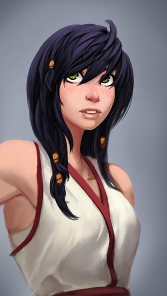 Anime picture 600x1064 with nenya (original) carlos eduardo single long hair tall image simple background green eyes purple hair grey background looking up girl