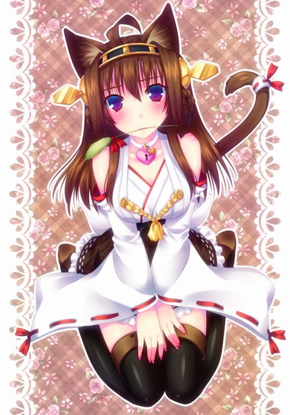 Anime picture 700x1000 with kantai collection kongou battleship door to heaven single long hair tall image looking at viewer blush brown hair purple eyes animal ears tail animal tail cat ears cat girl cat tail kemonomimi mode nontraditional miko girl hair ornament