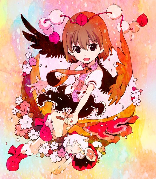 Anime picture 1200x1378 with touhou shameimaru aya inubashiri momiji ichizen (o tori) single tall image short hair open mouth red eyes brown hair animal ears white hair eyes closed chibi girl flower (flowers) petals sword wings fan