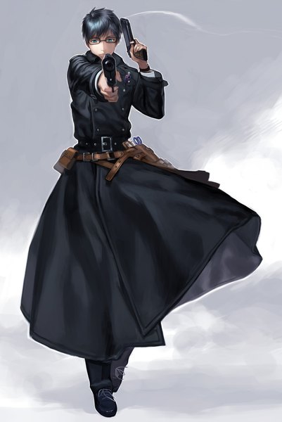 Anime picture 1500x2244 with ao no exorcist a-1 pictures okumura yukio noako (artist) single tall image short hair blue eyes black hair grey background smoking gun boy weapon glasses gun coat holster