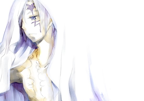Anime picture 2000x1410 with d.gray-man allen walker single highres short hair blue eyes white background white hair facial mark scar face paint sad