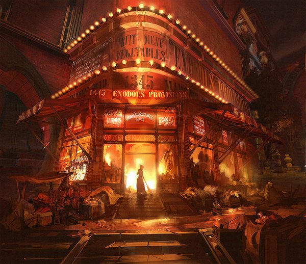 Anime picture 985x851 with bioshock infinite elizabeth (bioshock infinite) benlo single standing inscription hair bun (hair buns) smoke street destruction girl dress building (buildings) fire stairs broom box garbage