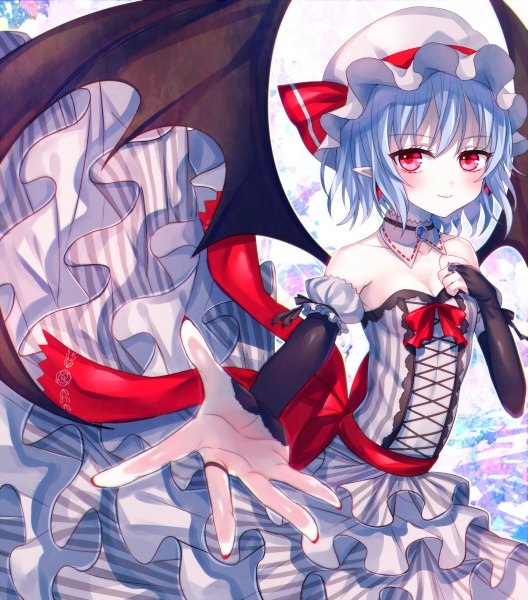 Anime picture 1056x1200 with touhou remilia scarlet abandon ranka single tall image blush fringe short hair smile red eyes bare shoulders blue hair cleavage pointy ears hand on chest outstretched hand bat wings girl dress detached sleeves