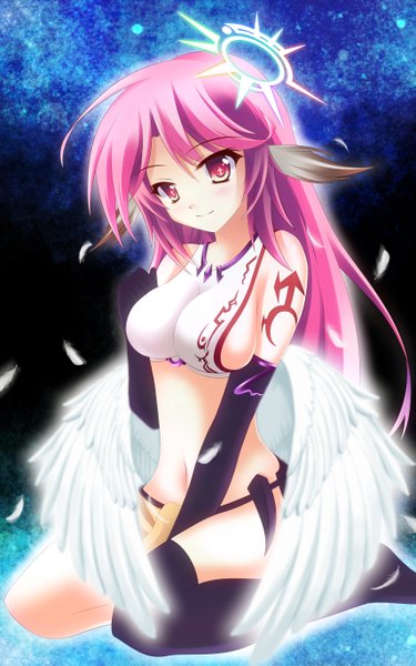 Anime picture 1712x2741 with no game no life madhouse jibril (no game no life) midori rin single long hair tall image looking at viewer highres breasts light erotic purple eyes pink hair light smile low wings girl thighhighs gloves black thighhighs wings