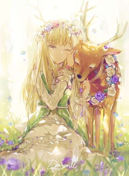 Anime picture 700x951 with miracle nikki dangmill single long hair tall image fringe blonde hair sitting signed yellow eyes outdoors one eye closed horn (horns) light smile antlers girl flower (flowers) animal petals rose (roses)