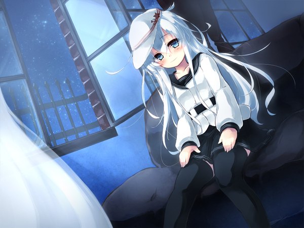 Anime picture 1600x1200 with kantai collection hibiki destroyer verniy destroyer gengetsu chihiro single long hair looking at viewer blush blue eyes sitting white hair hammer and sickle girl thighhighs skirt black thighhighs window star (symbol) couch sailor suit