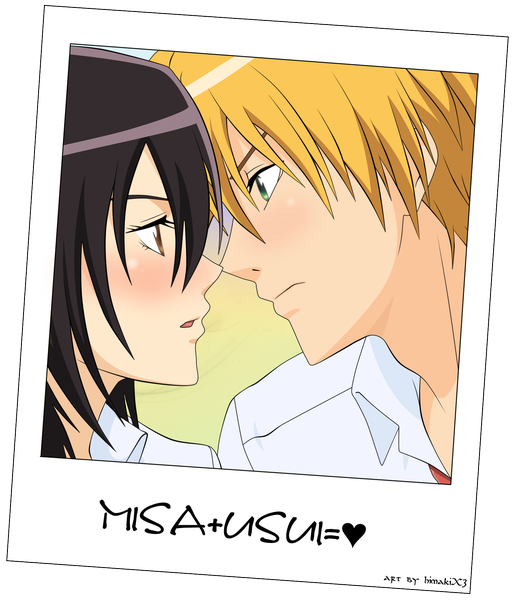 Anime picture 1500x1750 with kaichou wa maid-sama! ayuzawa misaki takumi usui himakix3 tall image blush open mouth simple background blonde hair brown hair brown eyes green eyes profile inscription face to face framed almost kiss girl boy