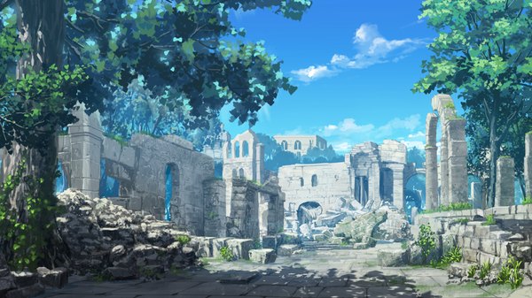 Anime picture 1280x720 with hyakka ryouran elixir senomoto hisashi wide image game cg sky cloud (clouds) landscape ruins plant (plants) tree (trees)