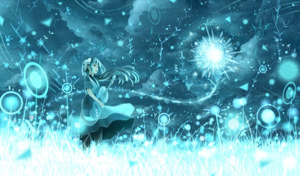 Anime picture 1360x800 with original bounin single long hair blue eyes wide image standing blue hair looking away wind girl dress plant (plants) guitar