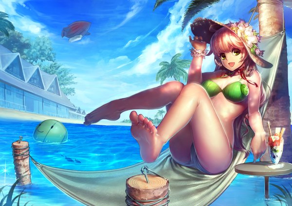 Anime picture 1752x1240 with original rheez (artist) single long hair highres open mouth light erotic blonde hair green eyes cloud (clouds) barefoot girl swimsuit hat bikini water food sweets ice cream
