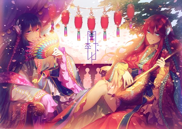 Anime picture 1280x909 with original tayuya1130 long hair fringe smile sitting multiple girls holding green eyes blue hair sky purple hair red hair braid (braids) very long hair traditional clothes japanese clothes pink eyes aqua eyes wide sleeves