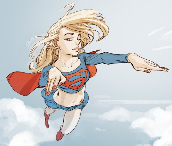 Anime picture 1400x1191 with dc comics supergirl joel27 single long hair looking at viewer blonde hair sky cloud (clouds) nail polish lips flying red nail polish superhero girl skirt cape