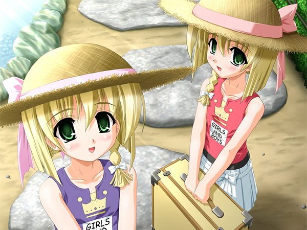 Anime picture 1024x768 with yakimochi twinbell nogami ran nogami rin yamino kenji blonde hair multiple girls green eyes game cg from above loli siblings twins sisters girl 2 girls hat straw hat
