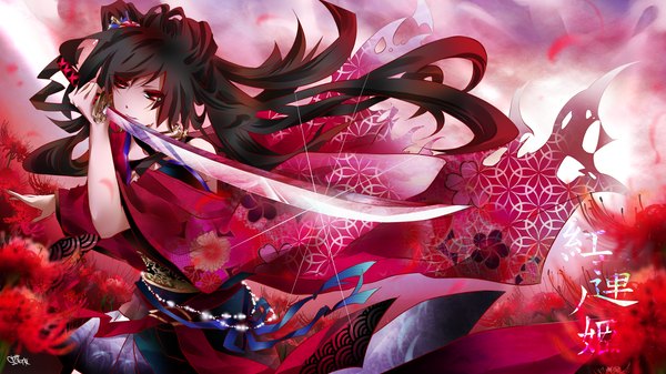 Anime picture 1500x844 with vocaloid vy1 (mizki) tyouya single long hair fringe black hair smile red eyes brown hair wide image signed japanese clothes hair flower hieroglyph girl hair ornament flower (flowers) weapon sword