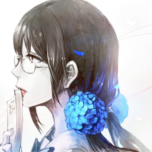 Anime picture 1000x1000 with original holysnow single long hair black hair simple background white background twintails brown eyes looking away profile close-up girl flower (flowers) glasses book (books) scrunchie hair tie hydrangea