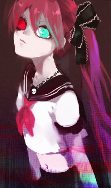 Anime picture 1181x1987 with vocaloid bacterial contamination (vocaloid) hatsune miku calcium koyuiko single long hair tall image looking at viewer twintails red hair heterochromia girl ribbon (ribbons) hair ribbon serafuku