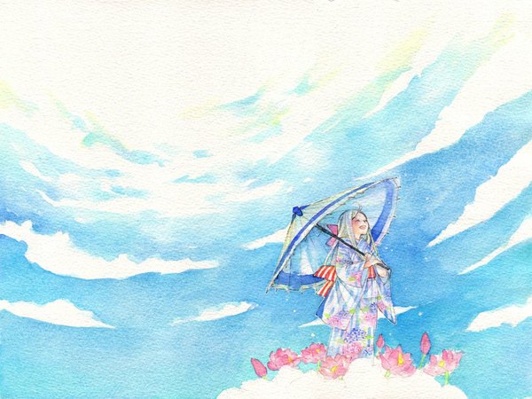 Anime picture 1024x768 with original ku ko san sky japanese clothes traditional media watercolor (medium) flower (flowers) ribbon (ribbons) umbrella