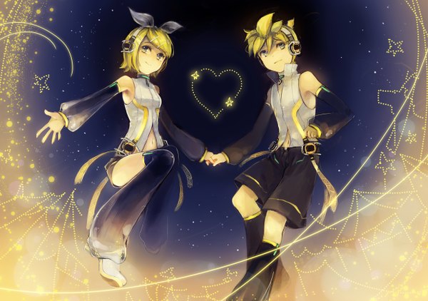 Anime picture 2480x1748 with vocaloid kagamine rin kagamine len m102 (artist) highres short hair blue eyes blonde hair smile bare shoulders holding hands girl boy hair ornament detached sleeves shorts heart hairclip headphones star (symbol)