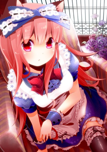 Anime picture 1000x1414 with original moonyan single long hair tall image looking at viewer blush red eyes animal ears pink hair cat ears girl thighhighs dress flower (flowers) bow black thighhighs hair bow