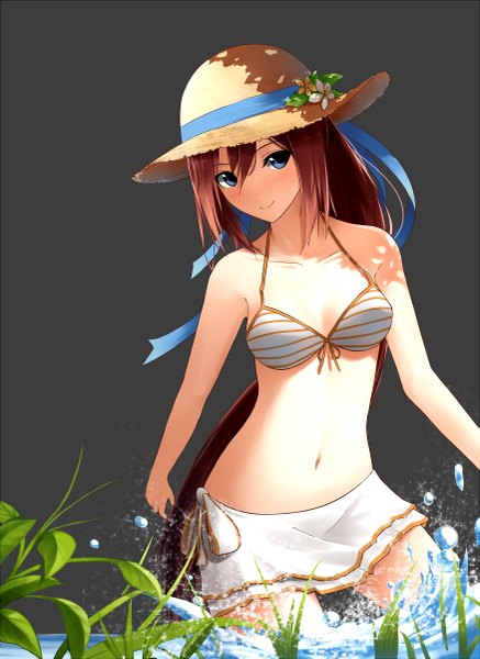Anime picture 1750x2400 with original ariinine long hair tall image looking at viewer blush highres blue eyes smile brown hair grey background girl navel swimsuit hat miniskirt bikini