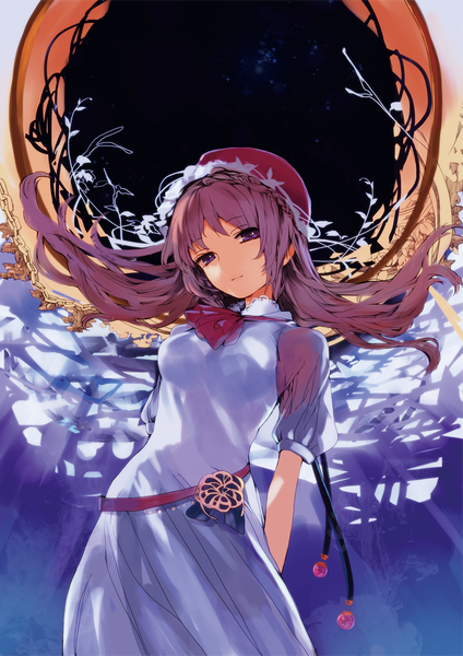 Anime picture 1085x1535 with original nove (legge) single long hair tall image looking at viewer fringe breasts smile standing purple eyes purple hair night from below girl dress belt