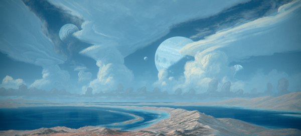 Anime picture 1500x681 with original justinas vitkus wide image sky cloud (clouds) no people landscape water planet