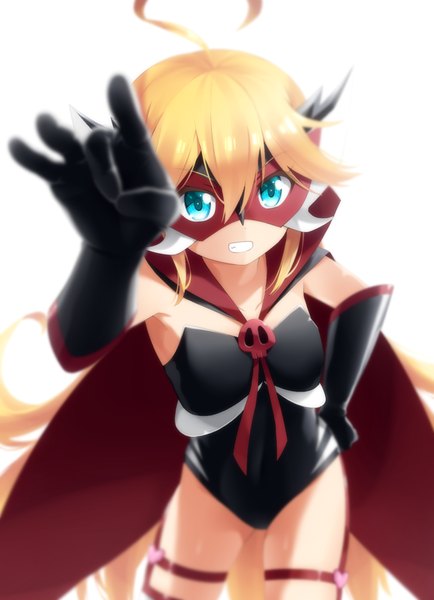 Anime picture 625x863 with yoru no yatterman leopard (yoru no yatterman) haribote (tarao) single long hair tall image looking at viewer simple background blonde hair white background green eyes ahoge teeth depth of field hand on hip grin girl gloves black gloves elbow gloves