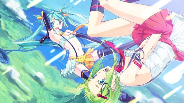 Anime picture 3840x2160 with vocaloid hatsune miku gumi no.734 long hair highres short hair open mouth blue eyes smile wide image twintails bare shoulders multiple girls looking away absurdres sky aqua eyes green hair aqua hair