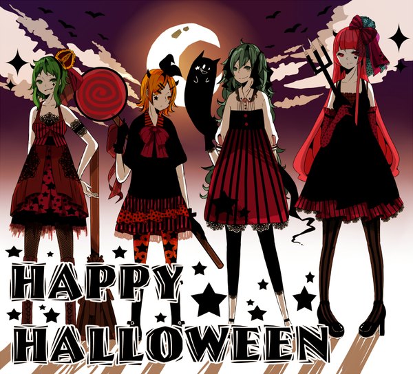 Anime picture 1800x1634 with vocaloid hatsune miku megurine luka kagamine rin gumi tagme (artist) long hair highres short hair red eyes multiple girls green eyes red hair green hair orange hair inscription hand on hip striped halloween crescent