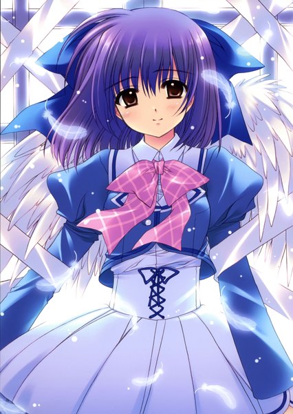 Anime picture 2448x3450 with nishimata aoi single tall image highres short hair smile brown eyes absurdres purple hair girl wings feather (feathers)