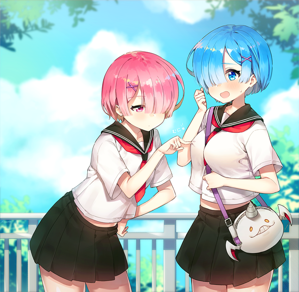 Anime picture 1200x1175 with re:zero kara hajimeru isekai seikatsu white fox rem (re:zero) ram (re:zero) ayami (annahibi) blush fringe short hair breasts open mouth blue eyes light erotic large breasts standing multiple girls blue hair pink hair sky cloud (clouds) outdoors