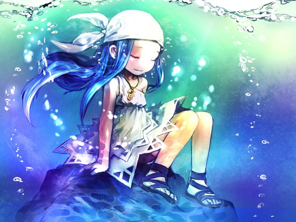 Anime picture 1400x1050 with uraki (tetsu420) ura jo single long hair blue hair eyes closed underwater girl dress water bubble (bubbles) bandana key