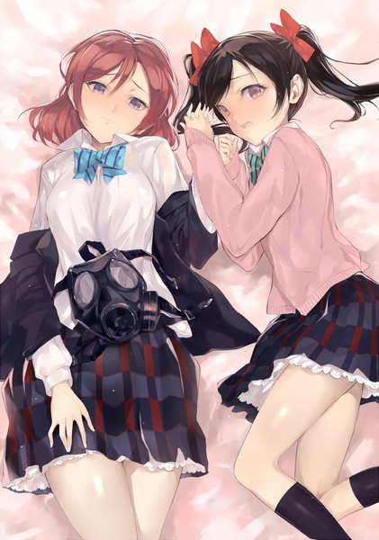 Anime picture 702x1000 with love live! school idol project sunrise (studio) love live! nishikino maki yazawa nico shrimpman long hair tall image blush short hair open mouth black hair twintails purple eyes multiple girls red hair girl skirt uniform bow