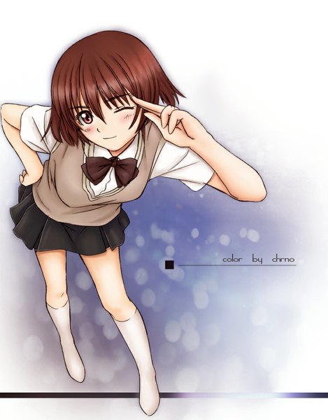 Anime picture 753x963 with lchrno single tall image looking at viewer blush short hair red eyes brown hair one eye closed light smile wink hand on hip salute girl skirt uniform school uniform socks white socks