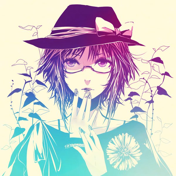Anime picture 1500x1500 with original dlei single short hair simple background fingernails lips monochrome looking up close-up hand to mouth girl plant (plants) hat glasses bracelet hat ribbon fedora