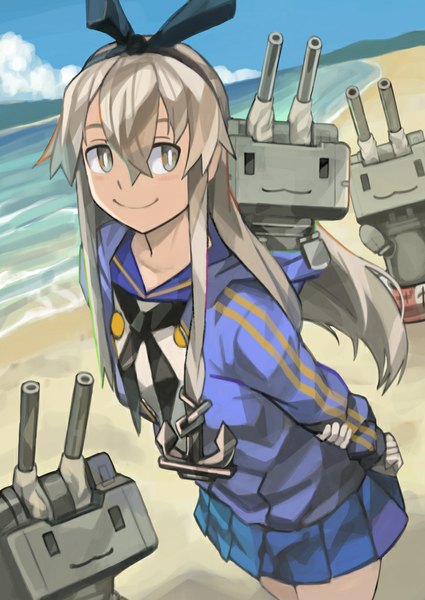 Anime picture 724x1023 with kantai collection shimakaze destroyer rensouhou-chan rano single long hair tall image blonde hair smile looking away sky cloud (clouds) from above grey eyes beach hands behind back girl uniform bow hair bow