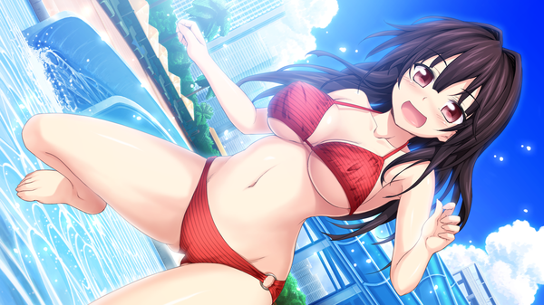 Anime picture 1920x1080 with love of renai koutei of love! ichinose rukina oozora itsuki single long hair looking at viewer blush highres breasts open mouth light erotic black hair smile red eyes wide image large breasts bare shoulders game cg sky cloud (clouds)