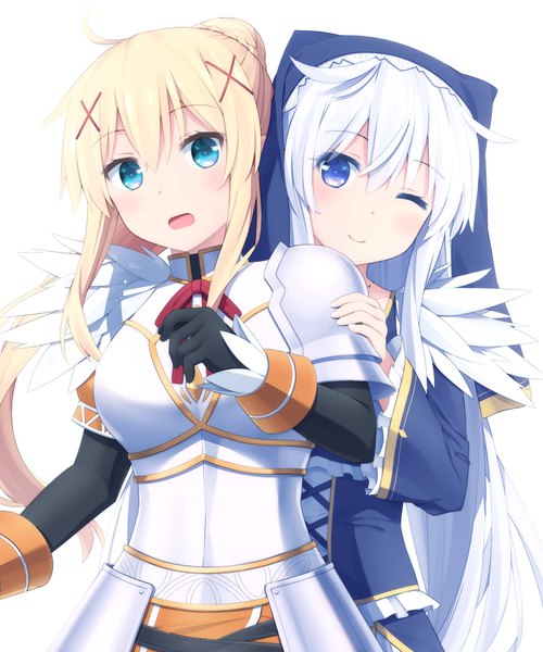 Anime picture 750x900 with kono subarashii sekai ni shukufuku wo! studio deen darkness (konosuba) eris (konosuba) haribote (tarao) long hair tall image looking at viewer blush fringe open mouth blue eyes simple background blonde hair smile hair between eyes white background purple eyes multiple girls payot